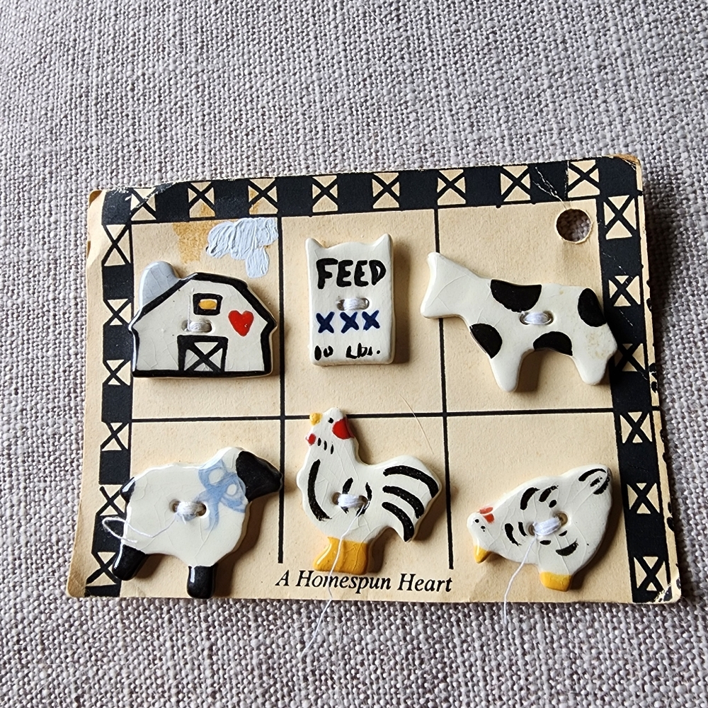 Vintage Homespun Heart Farm Theme Chicken Cow Sheep Ceramic Button Set